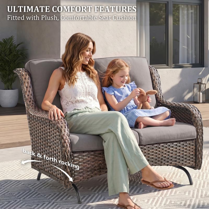 Outdoor Wicker Swivel Rocker Chair and Glider Loveseat 2 Seater, Brown/Grey
