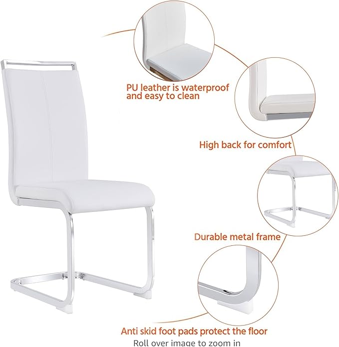 AZmac Modern Leather Dining Chairs Set of 2,Armless Kitchen Chairs,Dining Room Chairs with Upholstered Padded Seat and Sturdy Silver Chrome Legs for Dining Room,Kitchen (Set of 2, White)