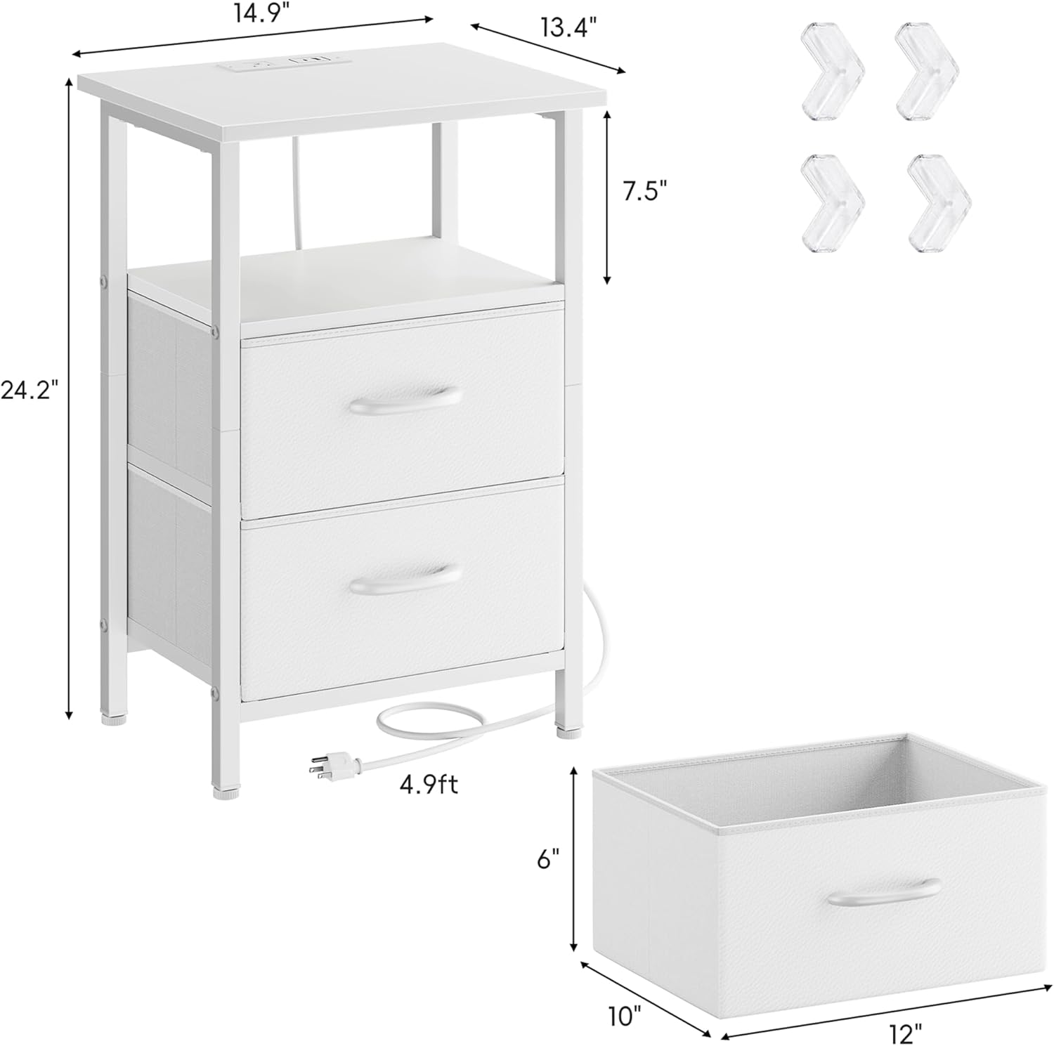 Vagusicc Nightstand Set of 2 with Charging Station, Bed side tables bedroom set of 2 with LED Lights, White Night Stands with 2 Fabric Drawers, 24.2" Tall Bedside Tables with Storage Shelf for Bedroom