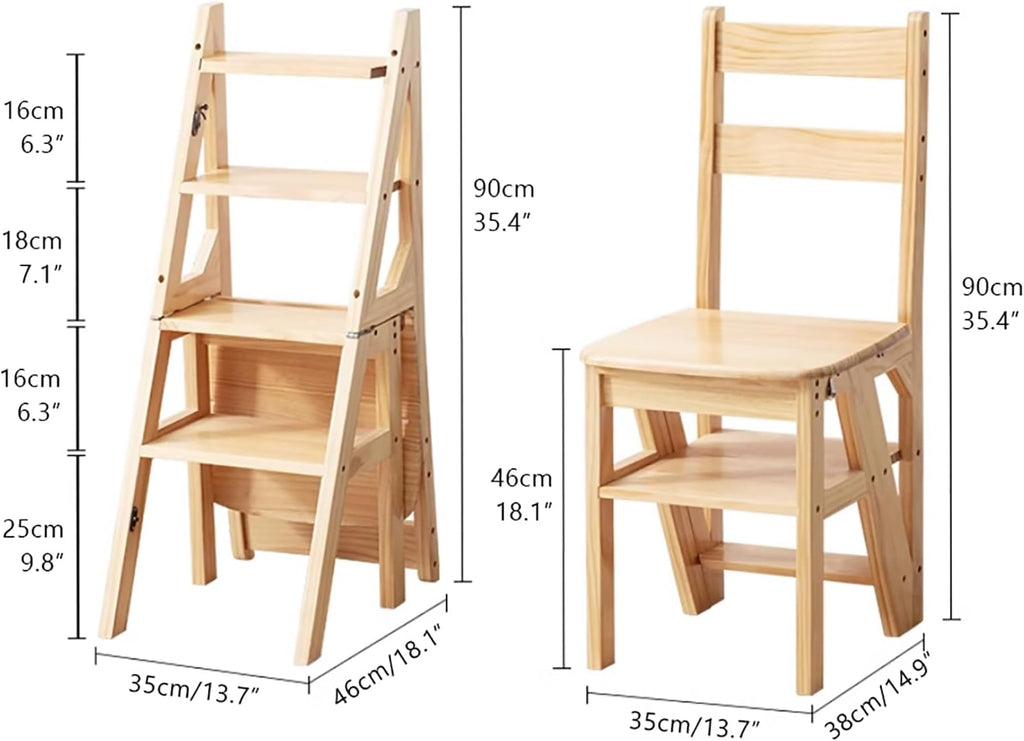 Solid Wood Folding Ladder Chair,2-in-1 Portable Wood Step Ladder,multi-functional Step Stool,folding Chair Display Storage Shelf For Home, Library, Kitchen(14.9"D x 13.7"W x 35.4"H, Light Walnut)