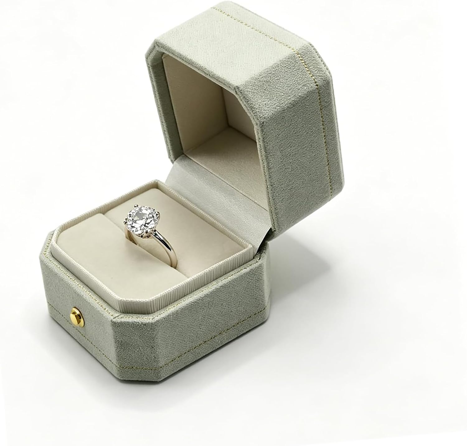 Velvet Ring Box - Octagon Engagement Ring Box with Hinged Lid for Proposal Engagement Wedding, Proposal Ring Case Jewelry Box with Gold Lace PRB001-Sage Green