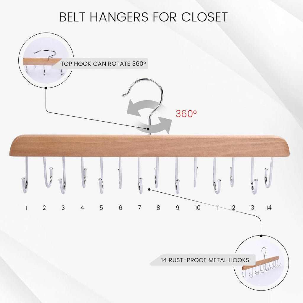 JOHOUSE Belt Organizer for Closet Max 42 Belts, 2 PCS Wooden Hanger for Storage with 14 Rotating Hooks Each, Durable Tie Holder Space Saver for Bra, Tank Top, Scarf
