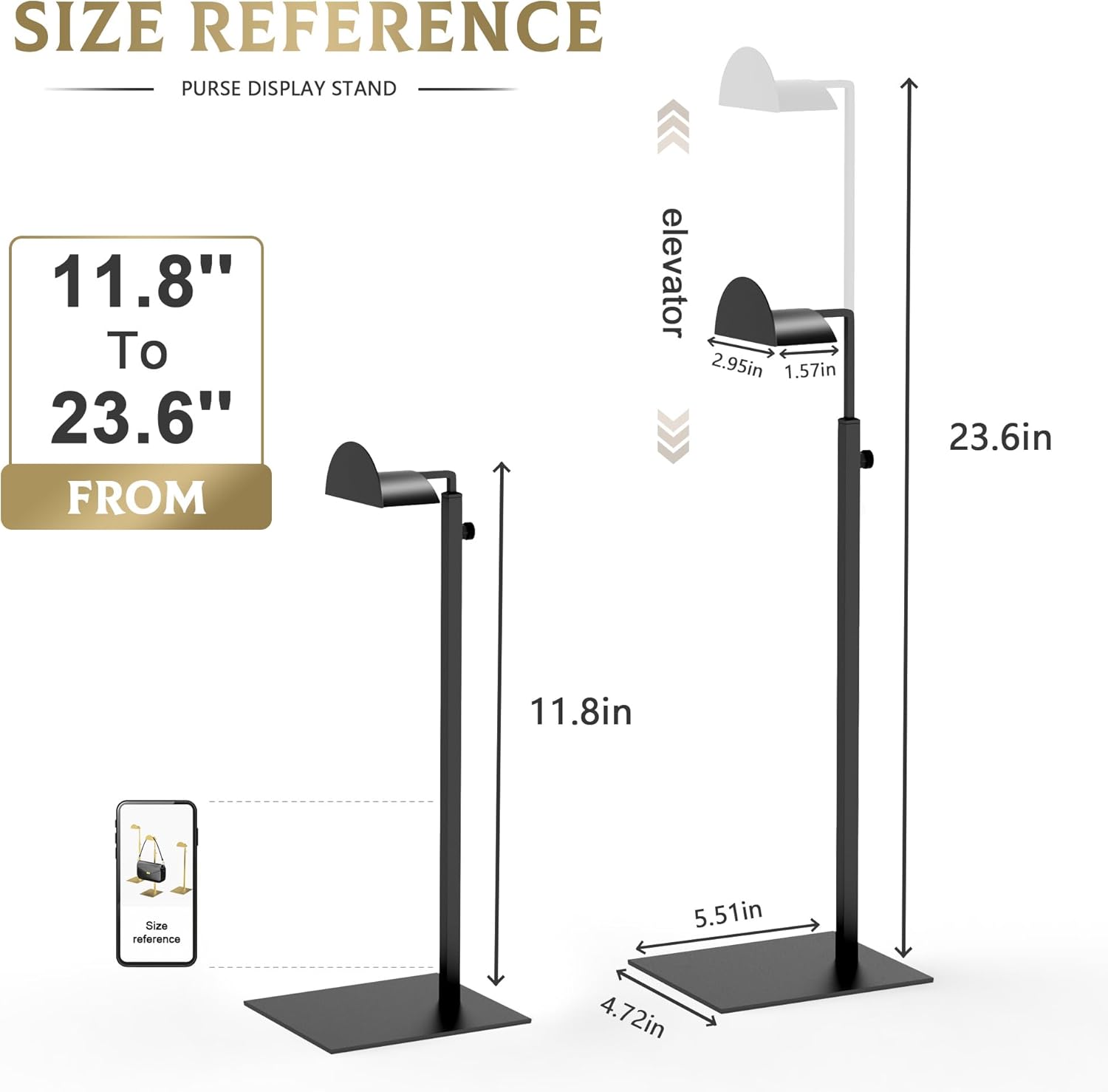 Purse Display Stand Adjustable Height Black Purse Rack for Handbags Necklaces Scarves Hats & Headphones 14" - 24" Purse Hanger Shelf for Retail Display