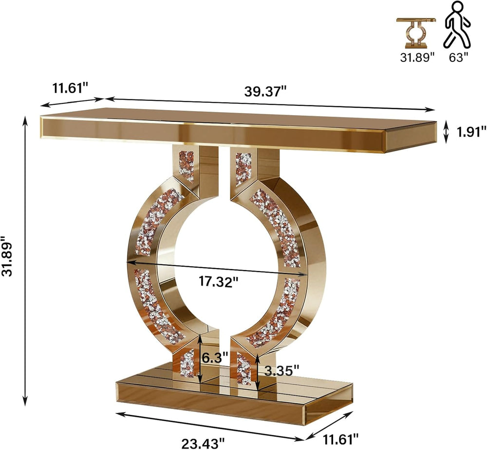 Tea-Colored Mirrored Console Table with Crushed Diamond Inlay, 39.4''...