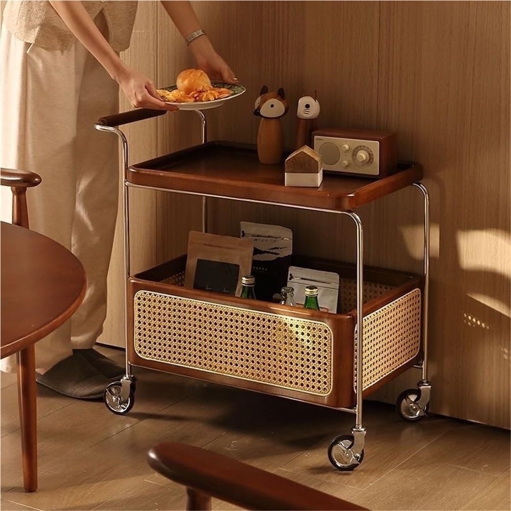 Wood Mobile Side Table with Wheels 2-Layer Storage Rolling Coffee Table End T...