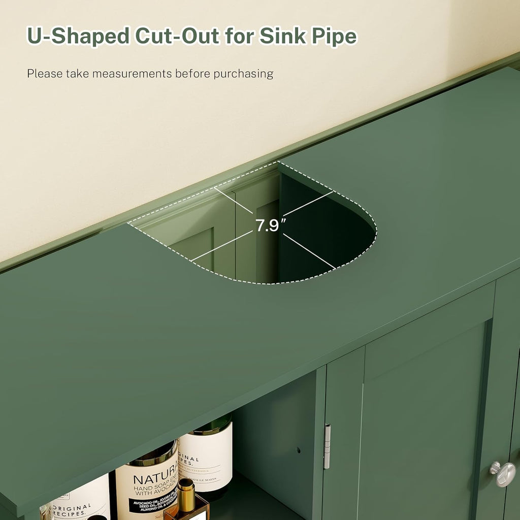 TEENFON 35.4" Pedestal Sink Storage Cabinet with 2 Doors and Adjustable Shelves, Bathroom Sink Cabinet, Under Sink Storage with U-Shape Cut-Out, Green UNYSG034V