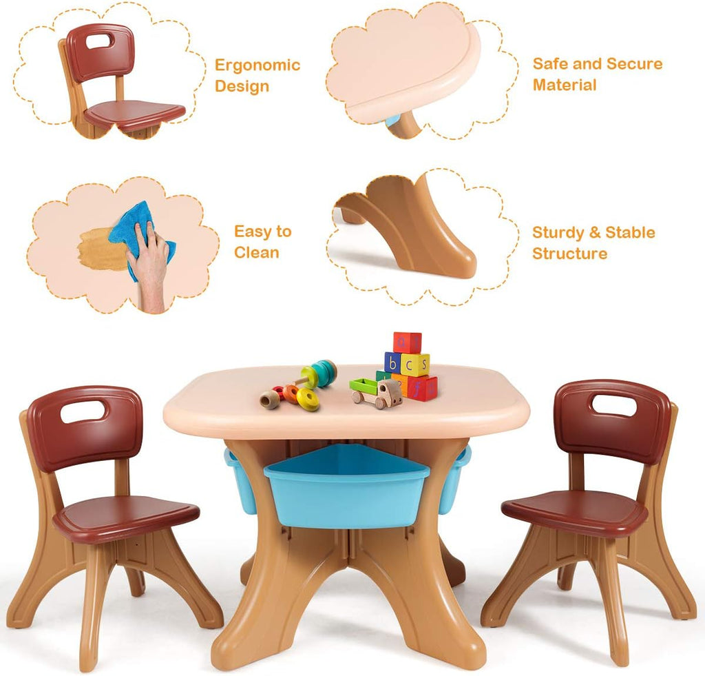 Costzon Kids Table and Chairs, 3 PCS Activity Desk Set w/ 4 Detachable Storage Bins for Indoor Outdoor Play Art Crafts Picnic Patio, Lightweight Toddler Table and Chair Set (Coffee & Blue)