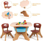 Costzon Kids Table and Chairs, 3 PCS Activity Desk Set w/ 4 Detachable Storage Bins for Indoor Outdoor Play Art Crafts Picnic Patio, Lightweight Toddler Table and Chair Set (Coffee & Blue)