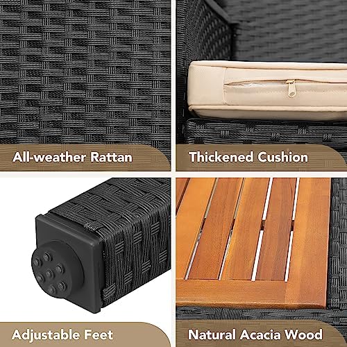 Devoko 5 PCS Acacia Wood Patio Dining Set, Black Rattan