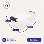 HOMZ 5-Pack Latching Lid, Clear Plastic Storage Organizer Bins, 7.5 Quart, Gray Latch - Stackable Organizing Containers for Home, Garage, and Office