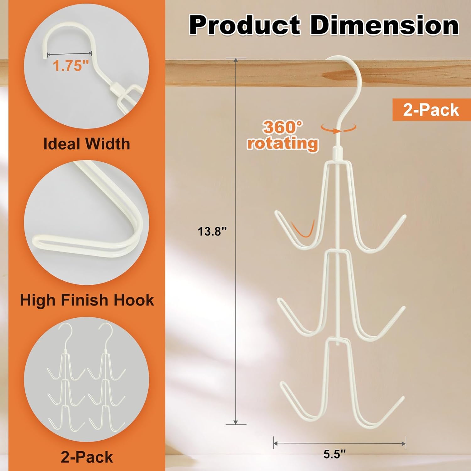 TOPIA HANGER Purse Hanger Organizer for Closet, 2-Pack Handbag Organizer Hanger, 360°Swivel Metal Purse Hooks, Bag Rack, Belt Organizer, Tie Rack, Scarf Hanger, Bag Storage Organizer, Ivory White