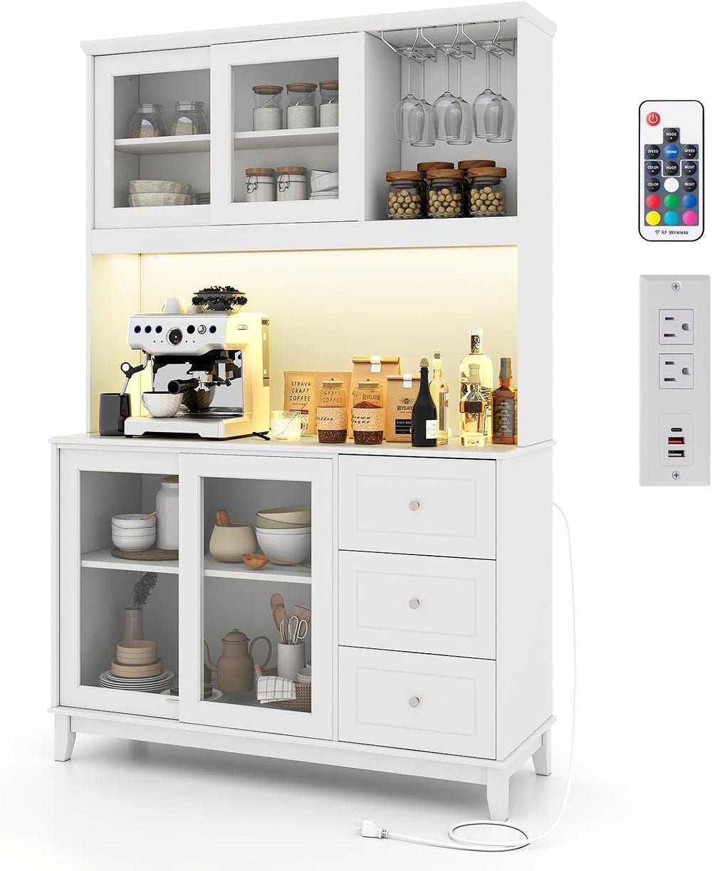 73” Kitchen Pantry Storage Cabinet w/Power Outlets & Led Lights | Tall Cu...