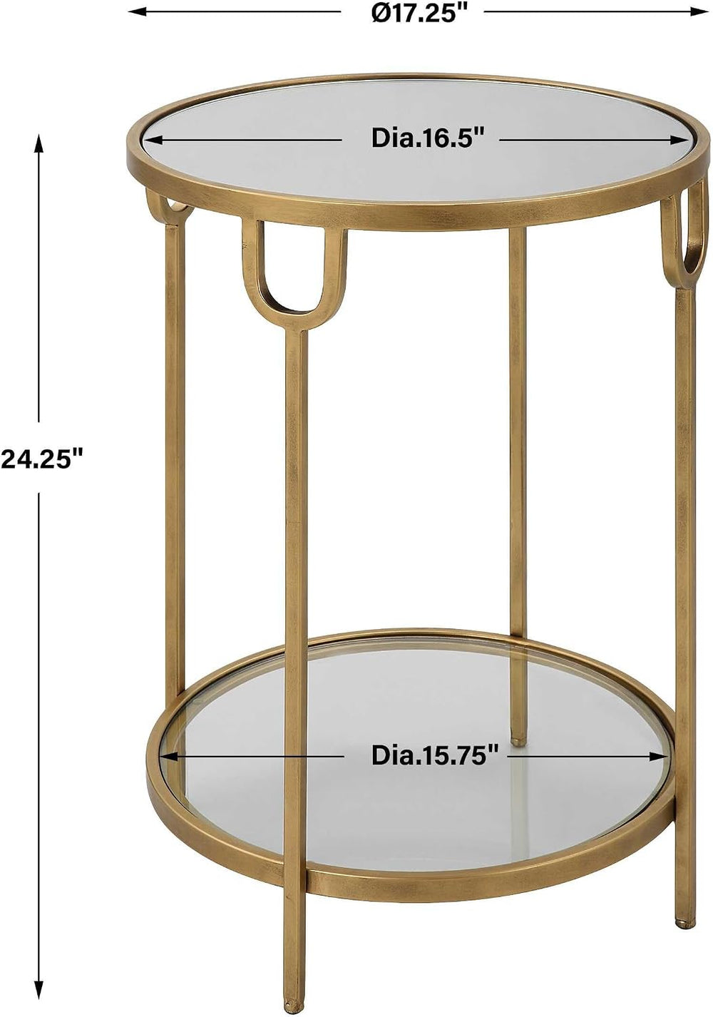 Two Tier Round Accent Table Antique Gold Iron Frame Mirrored Top Tempered Gla...