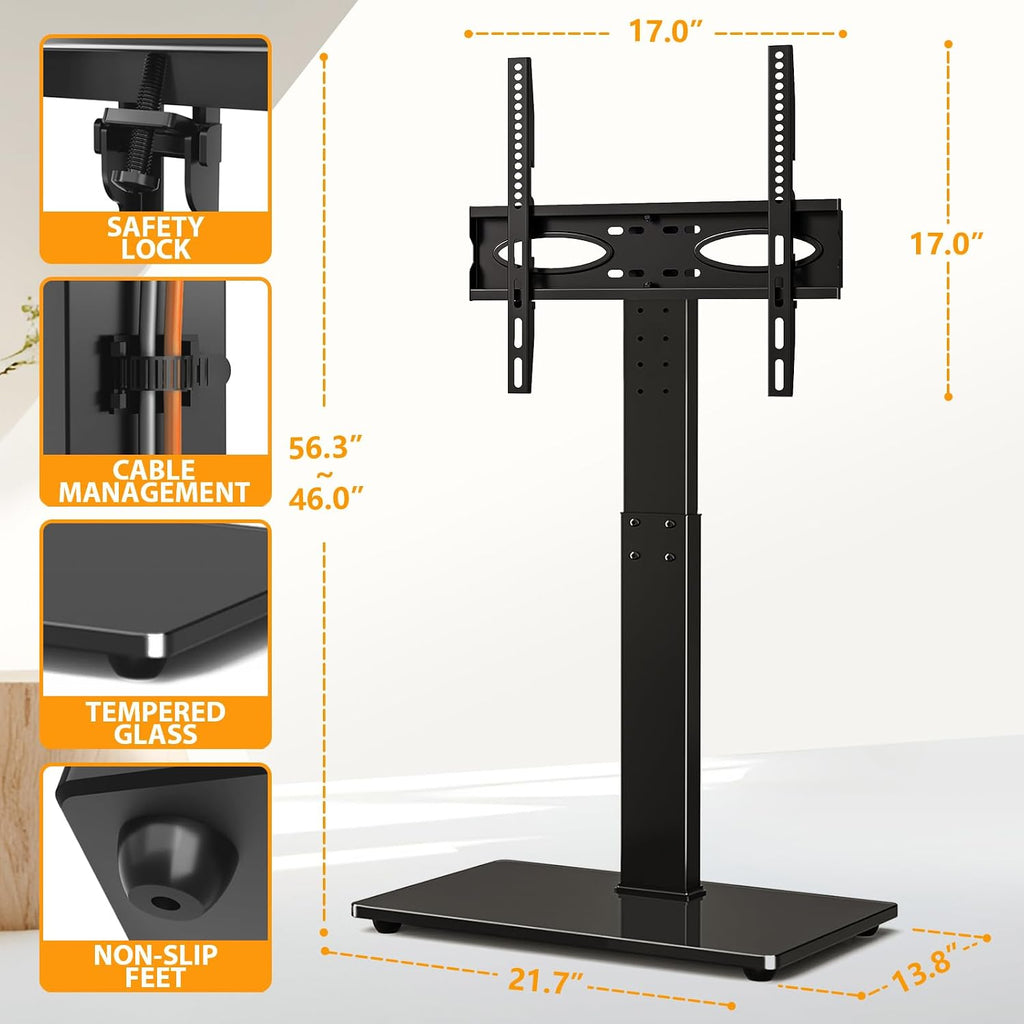 TAVR Swivel Floor TV Stand Base for 32-75 Inch TVs up to 110 lbs | Tall TV Stand for Bedroom with Height Adjustment and Tempered Glass Base for Media Storage, Max VESA 400x400mm, Black