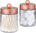 Amolliar Apothecary Jars Bathroom Storage Organizer -Countertop Storage Organizer Canister - Attractive Qtip Dispenser Holder Glass with Lid- for Cotton Swabs,Bath Salts,Hair Band / 2-Pack(Rose Gold)