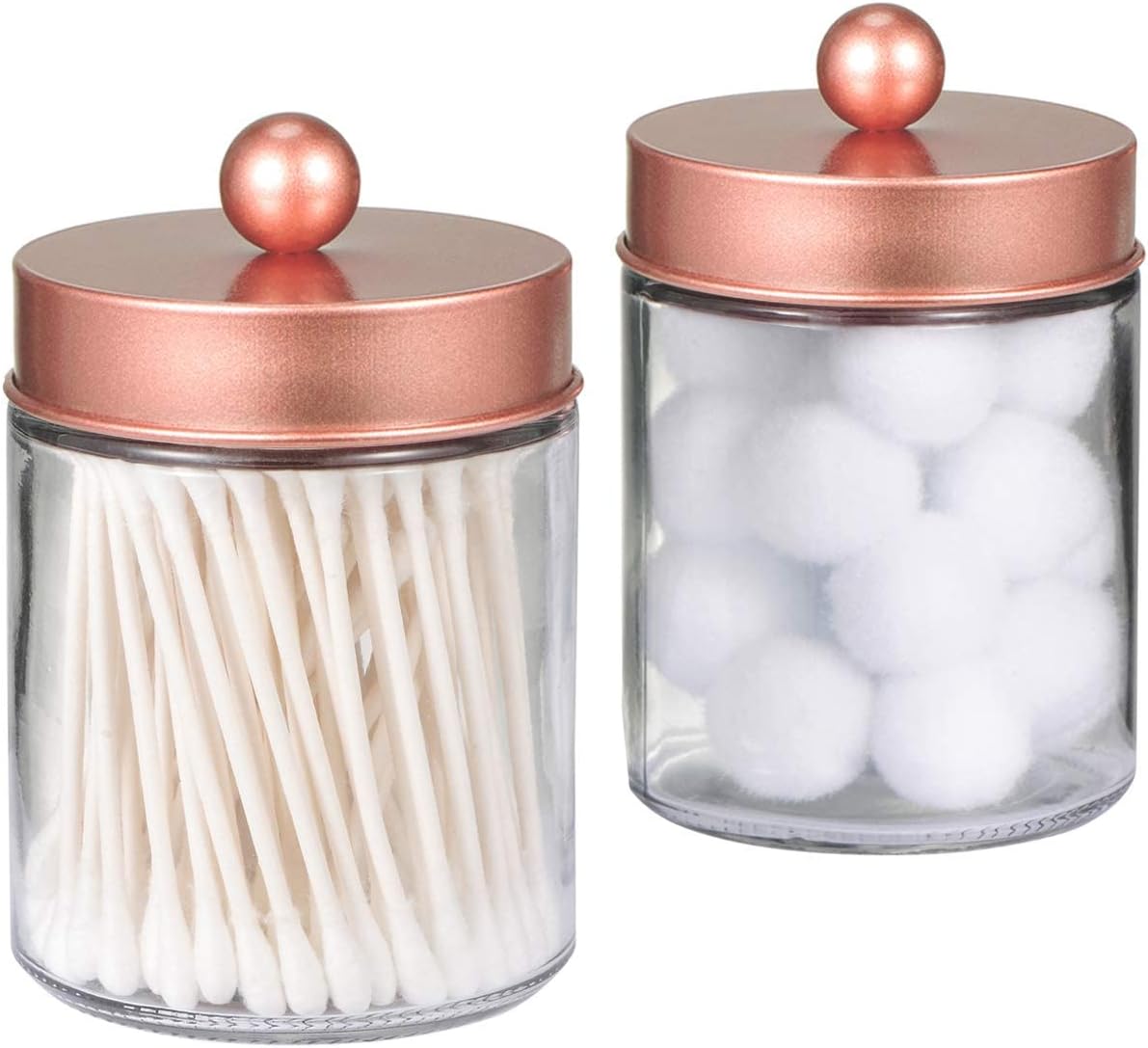 Amolliar Apothecary Jars Bathroom Storage Organizer -Countertop Storage Organizer Canister - Attractive Qtip Dispenser Holder Glass with Lid- for Cotton Swabs,Bath Salts,Hair Band / 2-Pack(Rose Gold)