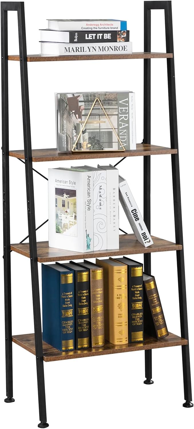 VINGLI Ladder Shelf 4-Tier Industrial Bookcase Free Standing Ladder Bookshelf with Metal Frame and Rustic Wood Plant Storage Shelf for Office, Living Room, Kitchen, Bedroom, Bathroom