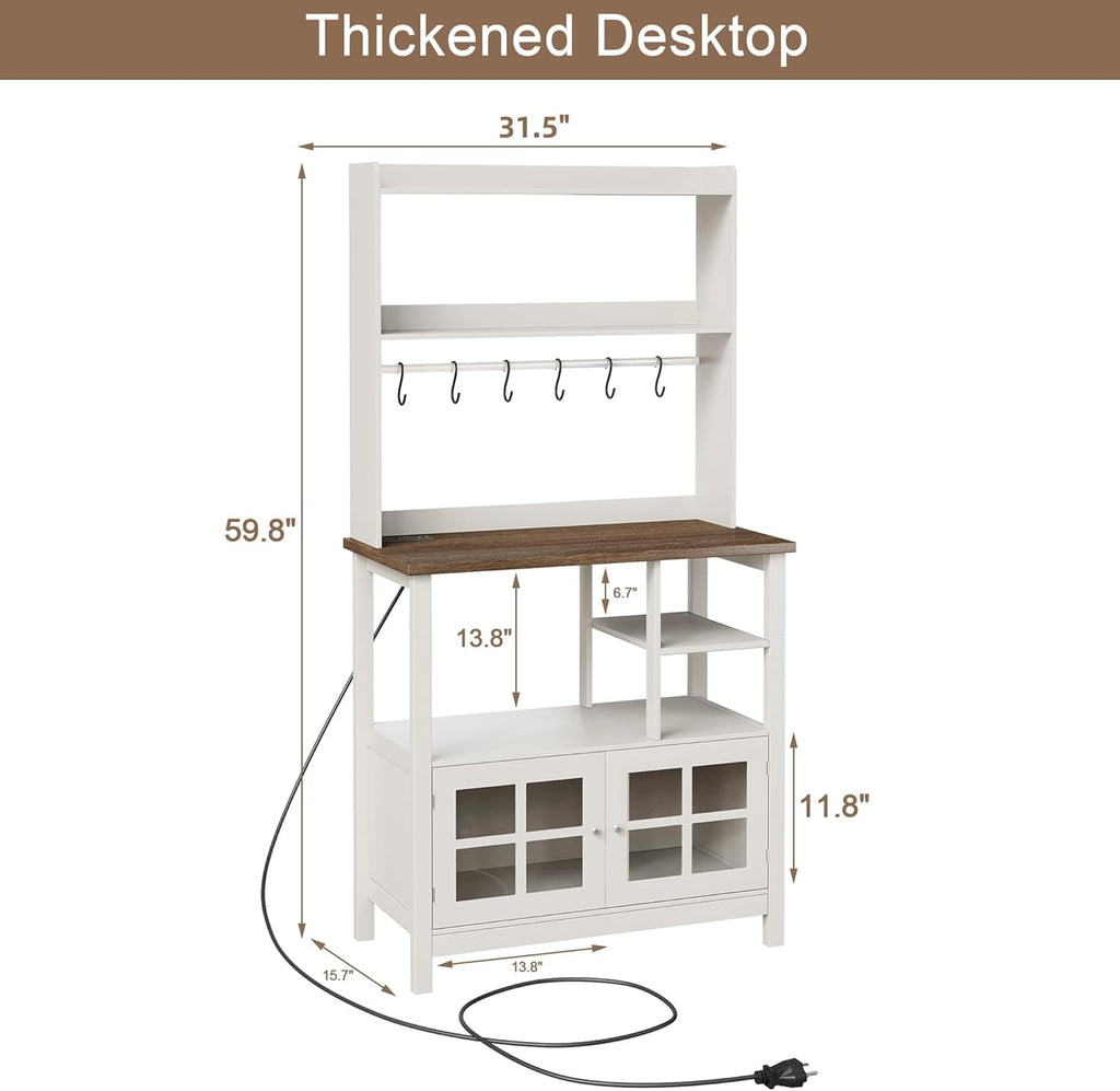 ChooChoo Farmhouse Bakers Rack with Power Outlets and Storage, Coffee Bar Cabinet with Storage, Microwave Stand Kitchen Cabinet with Hutch and 6 Hooks, Soft White & Brown