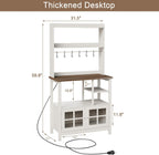ChooChoo Farmhouse Bakers Rack with Power Outlets and Storage, Coffee Bar Cabinet with Storage, Microwave Stand Kitchen Cabinet with Hutch and 6 Hooks, Soft White & Brown