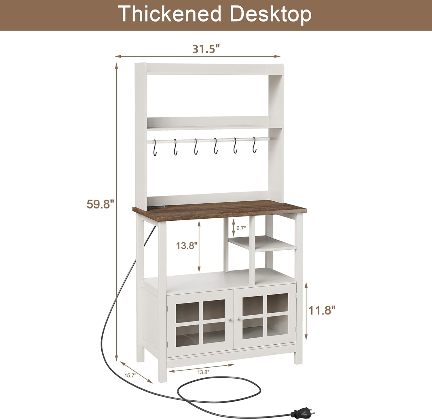 ChooChoo Farmhouse Bakers Rack with Power Outlets and Storage, Coffee Bar Cabinet with Storage, Microwave Stand Kitchen Cabinet with Hutch and 6 Hooks, Soft White & Brown