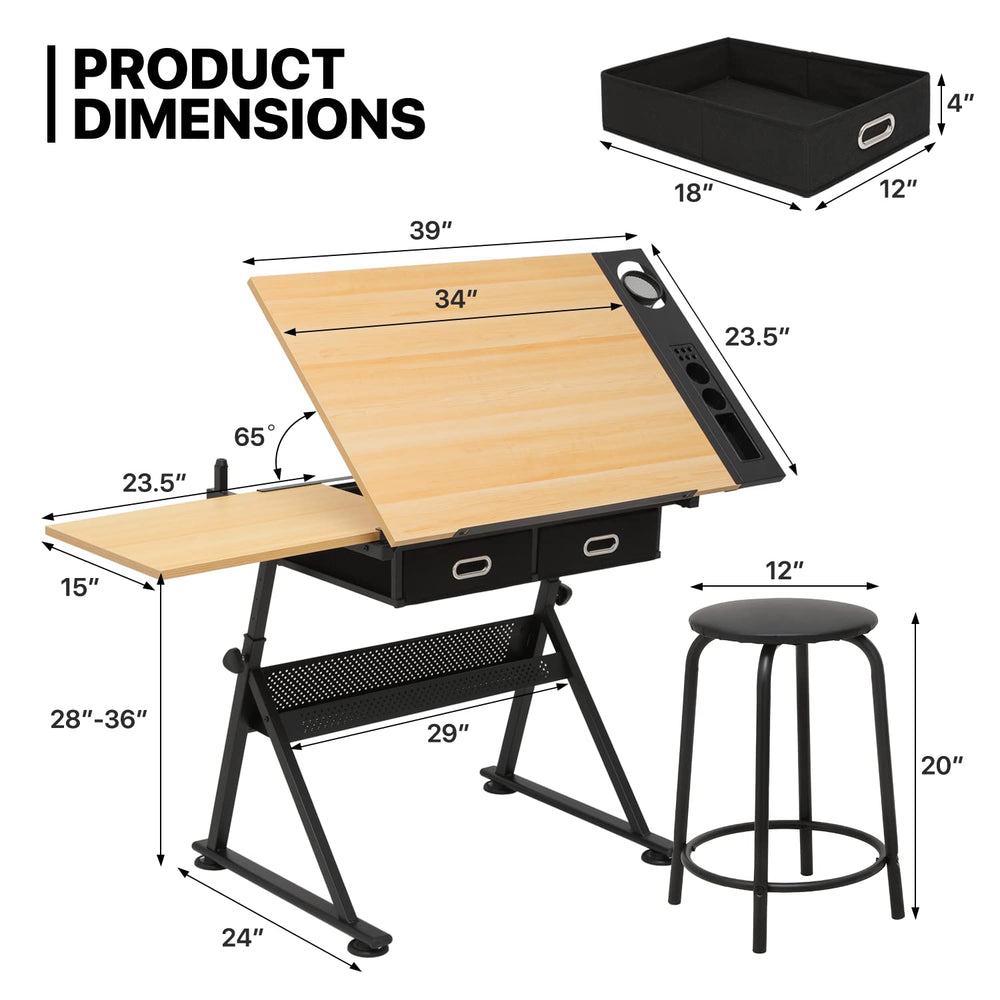 MoNiBloom 39‘’ Adjustable Drafting Table & Stool Set with Storage, Natura...