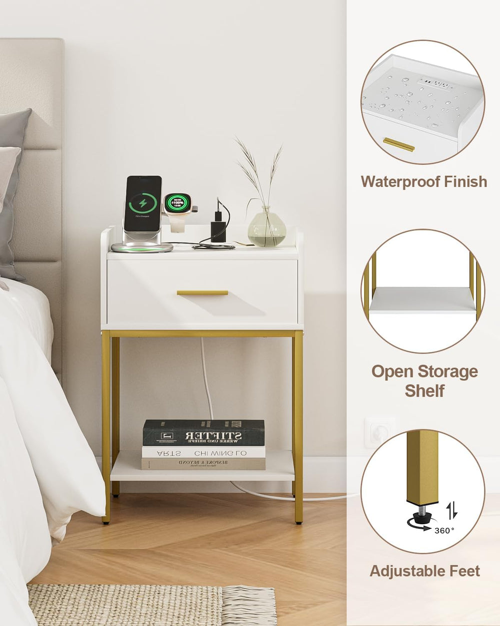 Masupu Nightstand with Charging Station,3-Tier Modern Bedside Night Stand wit...