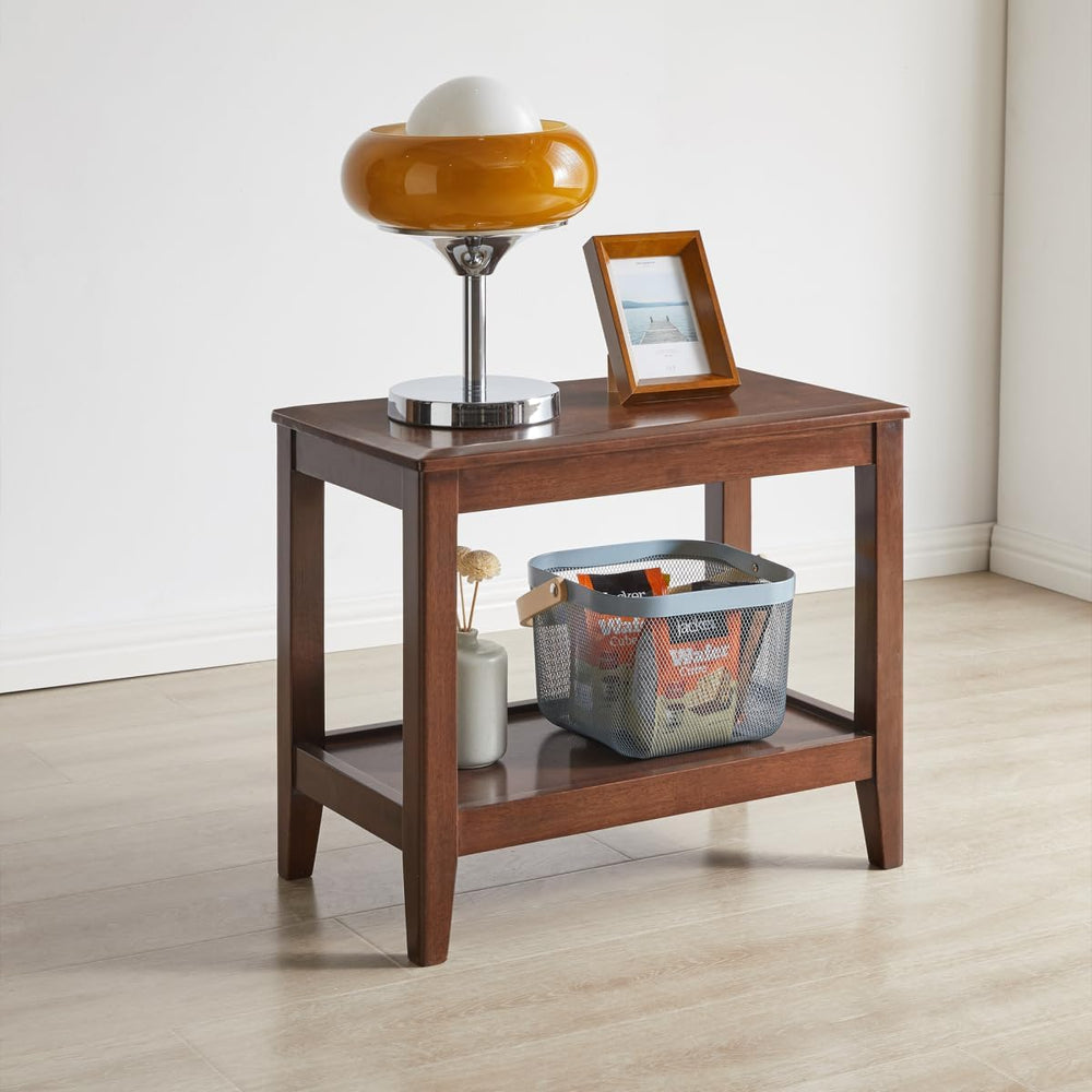 Solid Wood End Table with Storage Shelf, 2-Tier Rustic Side Table for Living ...
