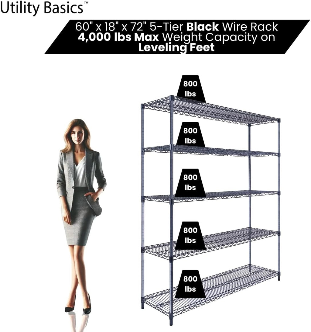 NSF Commercial 5-Tier Wire Shelving with Wheels, 60"x18"x72" Heavy Duty Metal Shelves 4000 lbs Max Capacity, Black Storage Rack for Garage Kitchen Pantry Warehouse