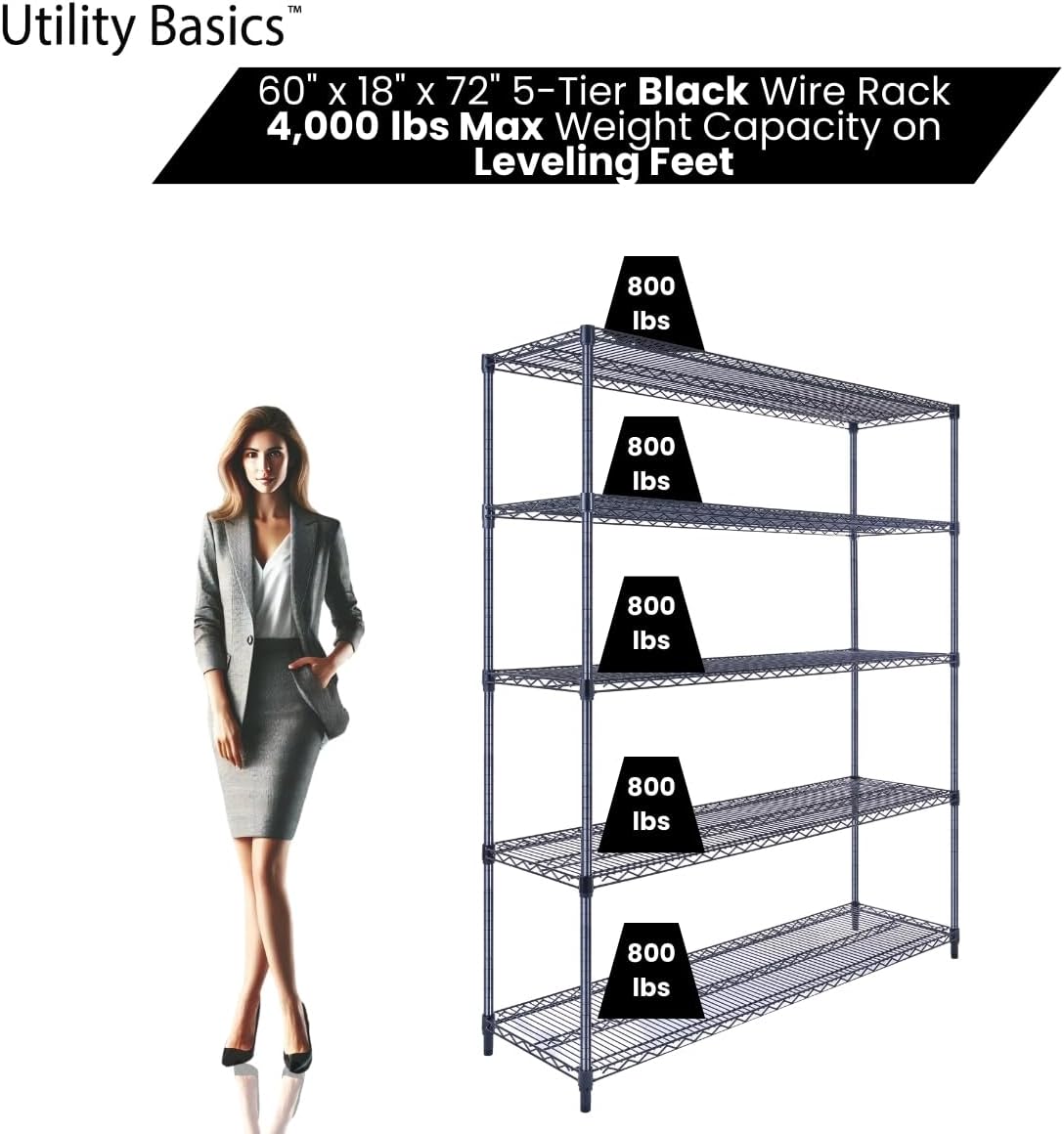 NSF Commercial 5-Tier Wire Shelving with Wheels, 60"x18"x72" Heavy Duty Metal Shelves 4000 lbs Max Capacity, Black Storage Rack for Garage Kitchen Pantry Warehouse