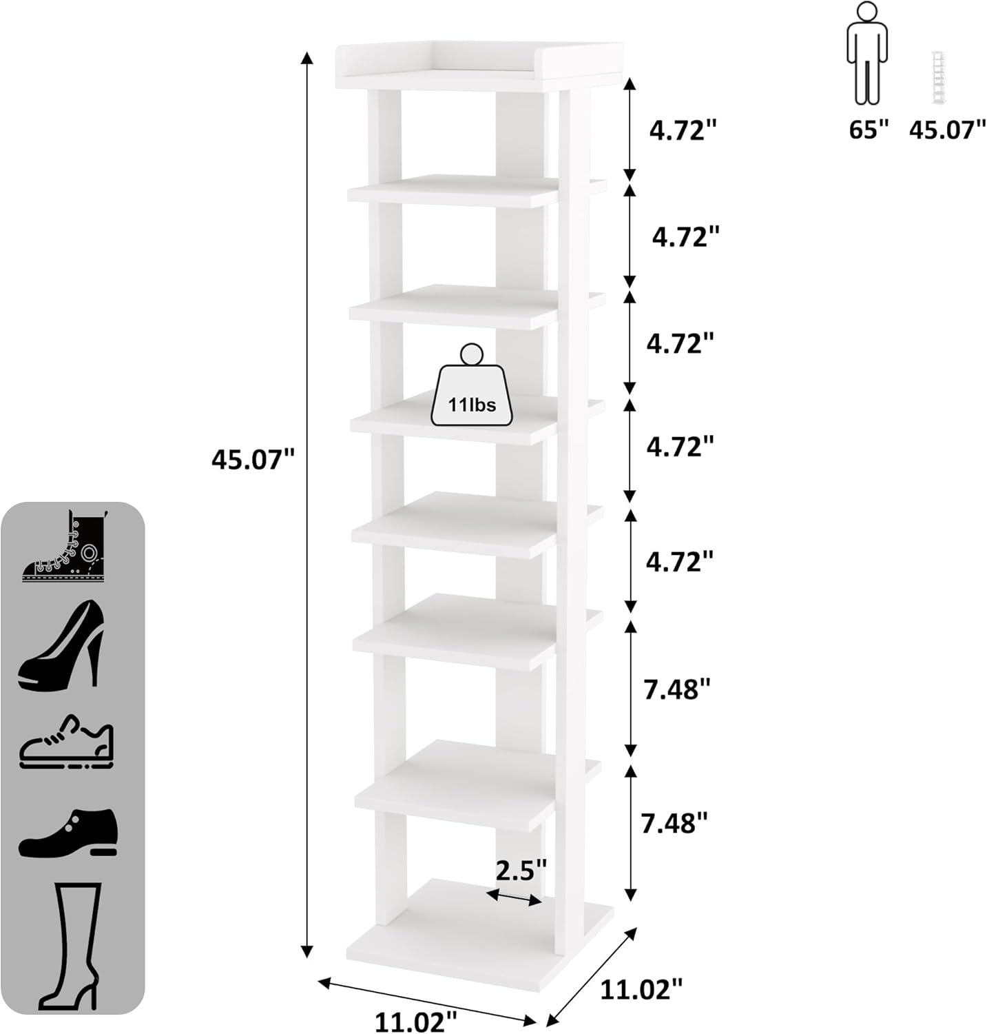 HOMEFORT 7-Tier Wood Shoe Rack, Entryway Shoe Tower,Vertical Shoe Organizer, Wooden Shoe Storage Stand, White