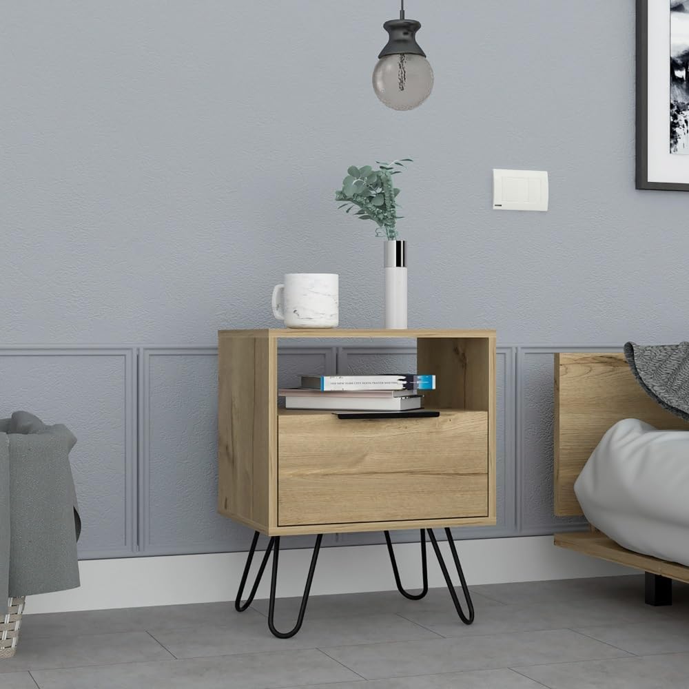 Nightstand 22" H, One Open Shelf, Single Door Cabient, Hairpin Legs, Lig...