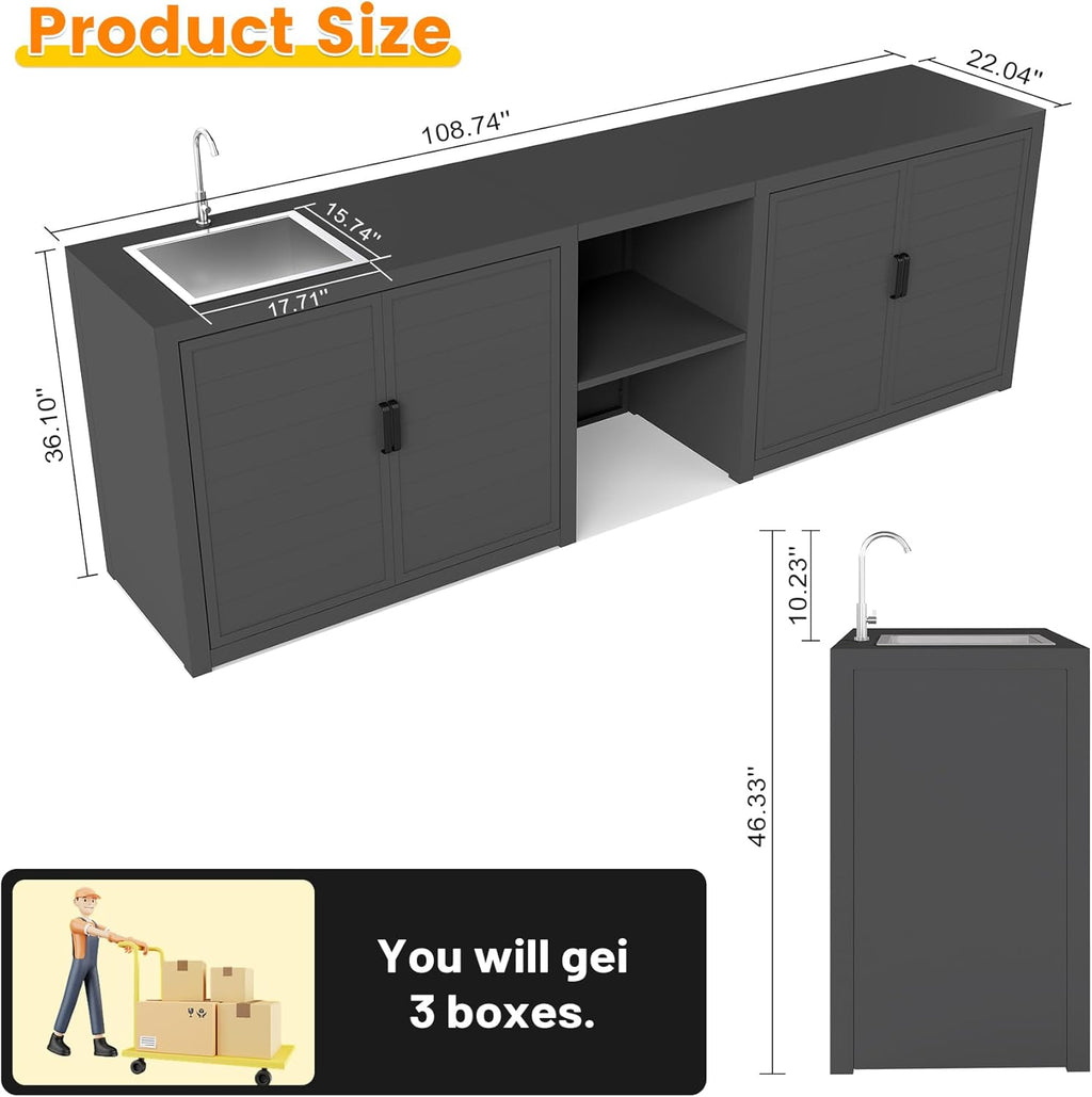 Domi Outdoor Kitchen with Stainless Steel Sink, Aluminum Outdoor Prep Table & Storage Cabinet, 3-Piece All Weather Patio Modular Station for Backyard, Dark Grey