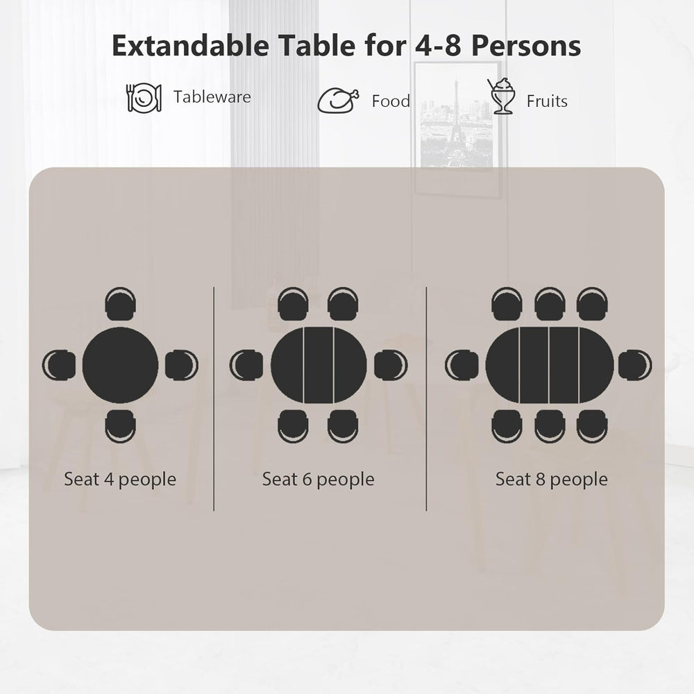 Extendable Round Dining Table for 4 6, Solid Wood for Dining Room Kitchen Off...