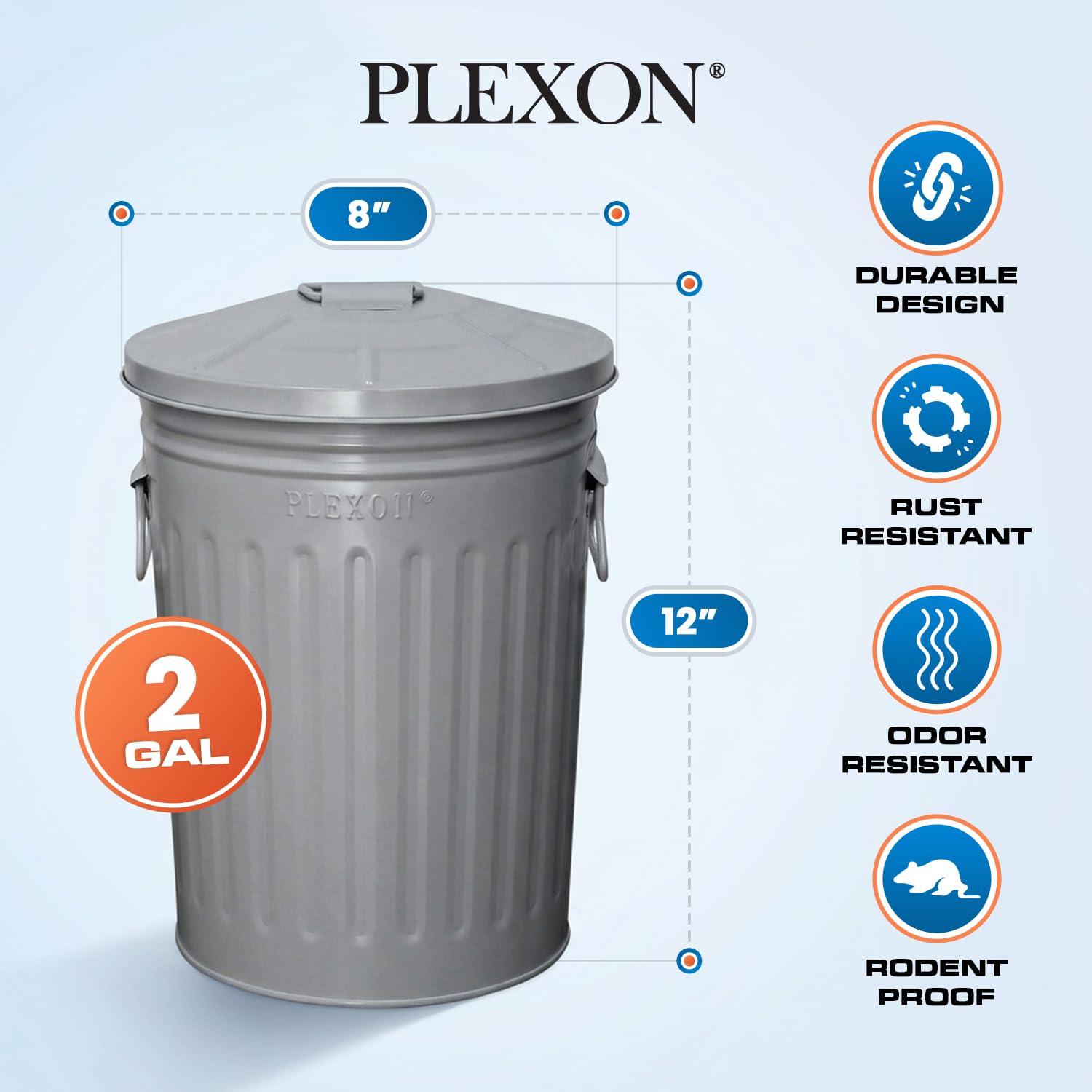 Plexon 2 Gallon Small Metal Trash Can with Lid Bathroom Garbage Can with Lid Bathroom Trash Can for Bedroom Office Kitchen Indoor Waste Basket, Round Powder Coated Gray Bucket