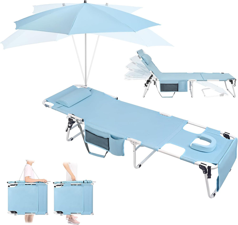 Tanning Chair with Umbrella UPF 50+ Adjustable, Heavy Duty Folding Chaise Lou...