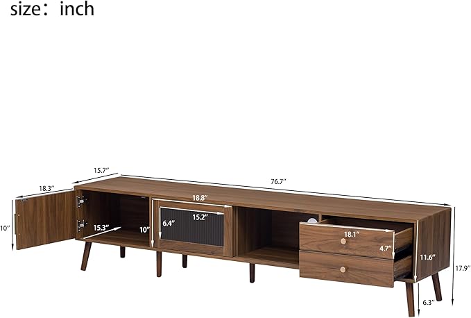Marzzi Mid-Century Modern TV Stand for 85 inches TV, 76" Media Console with Fluted Cabinet Door, Sliding Glass Doors, and 2 Drawers, Entertainment Center with Storage, Solid Wood Legs