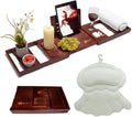 Bathtub Tray and Bath Pillow Set – Expandable Bamboo Bathtub Caddy with Phone & Wine Holder, Soft Bath Pillows for Tub & Head/Neck Support