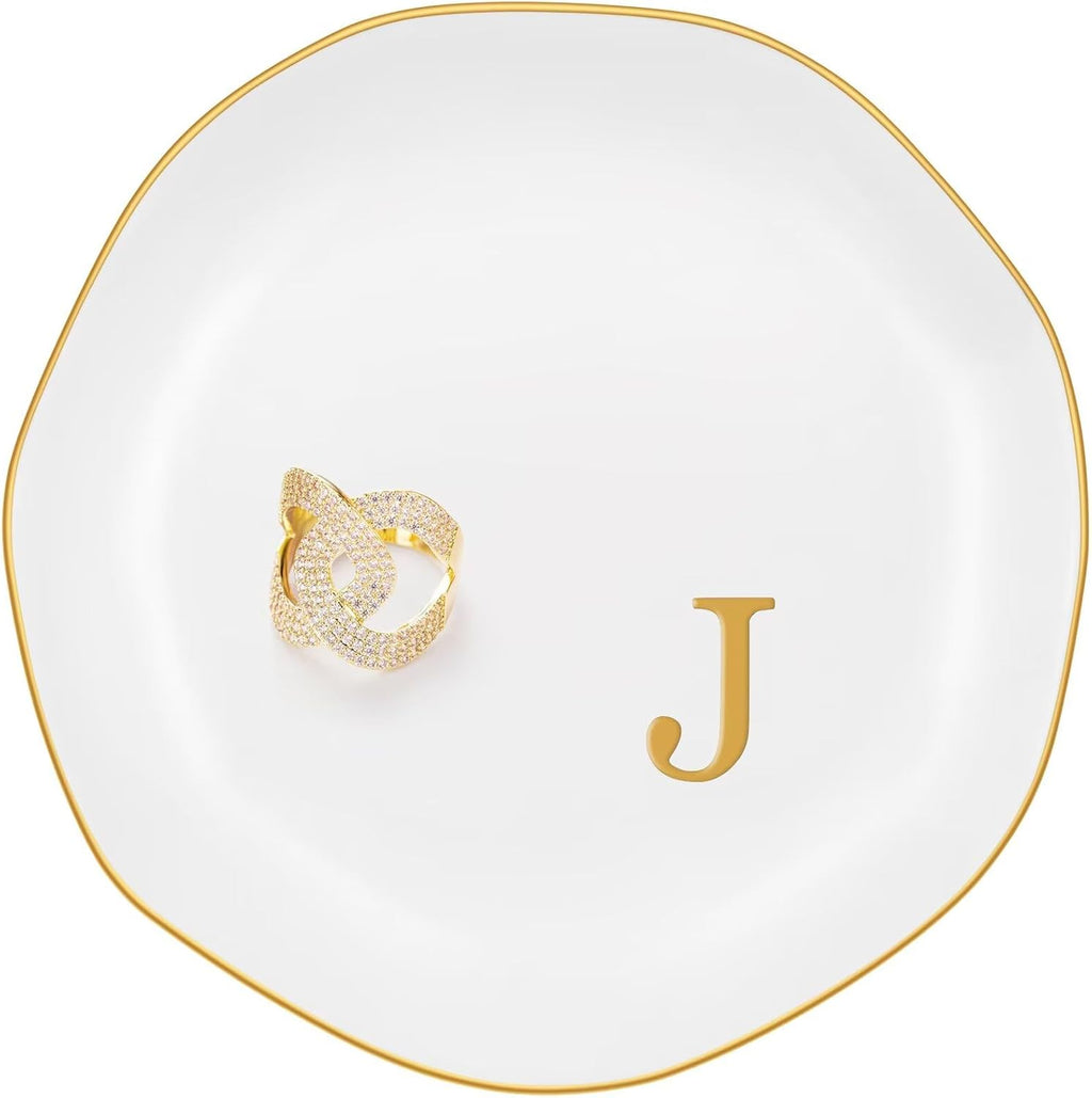 Ceramic Jewelry Tray, Personalized Initial Ring Dish, Elegant Trinket Tray for Rings Earrings Bracelet Necklaces, White Decorative Jewelry Holder for Women Vanity, 4.5 Inch, Letter J