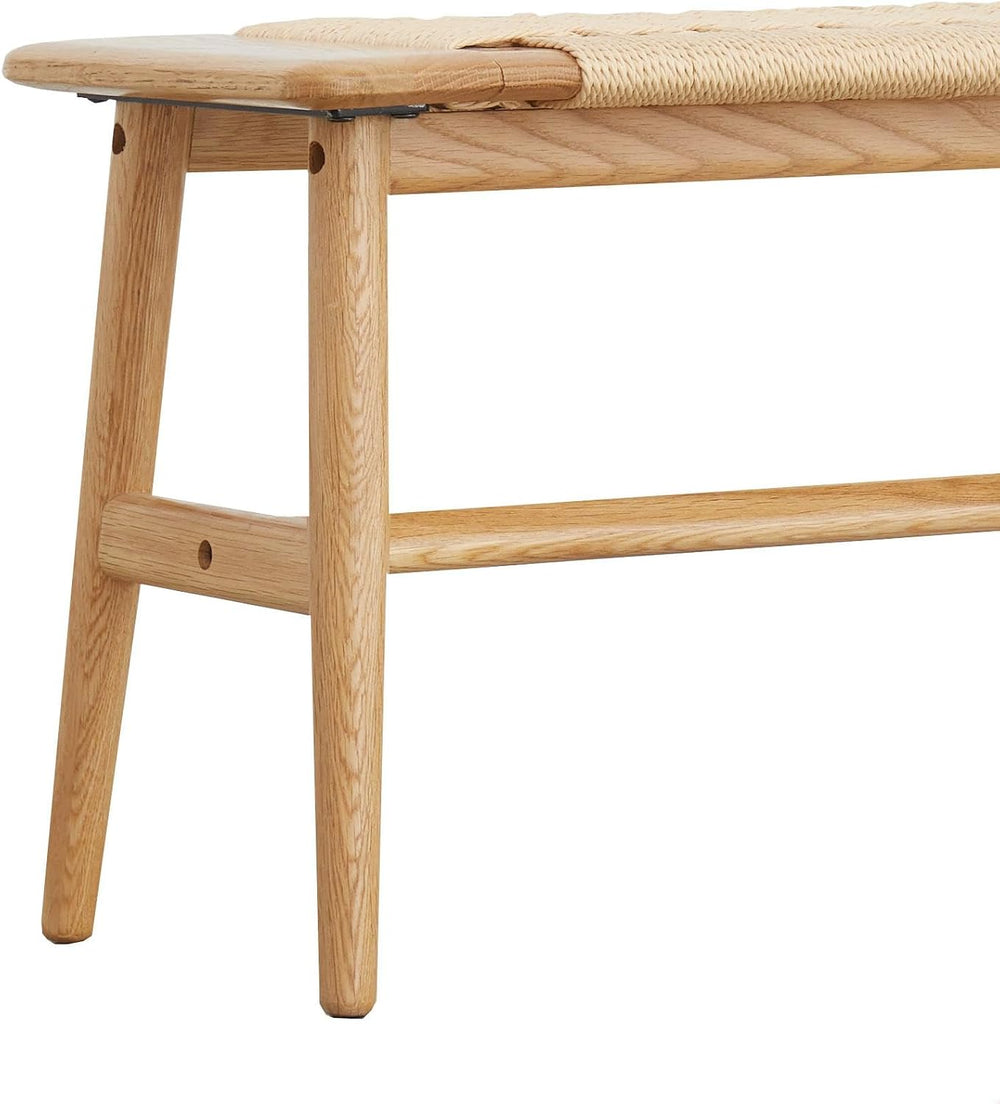 47.24" Natural Oak Wood Dining Bench with Woven Cane Seat Solid Wood Ent...