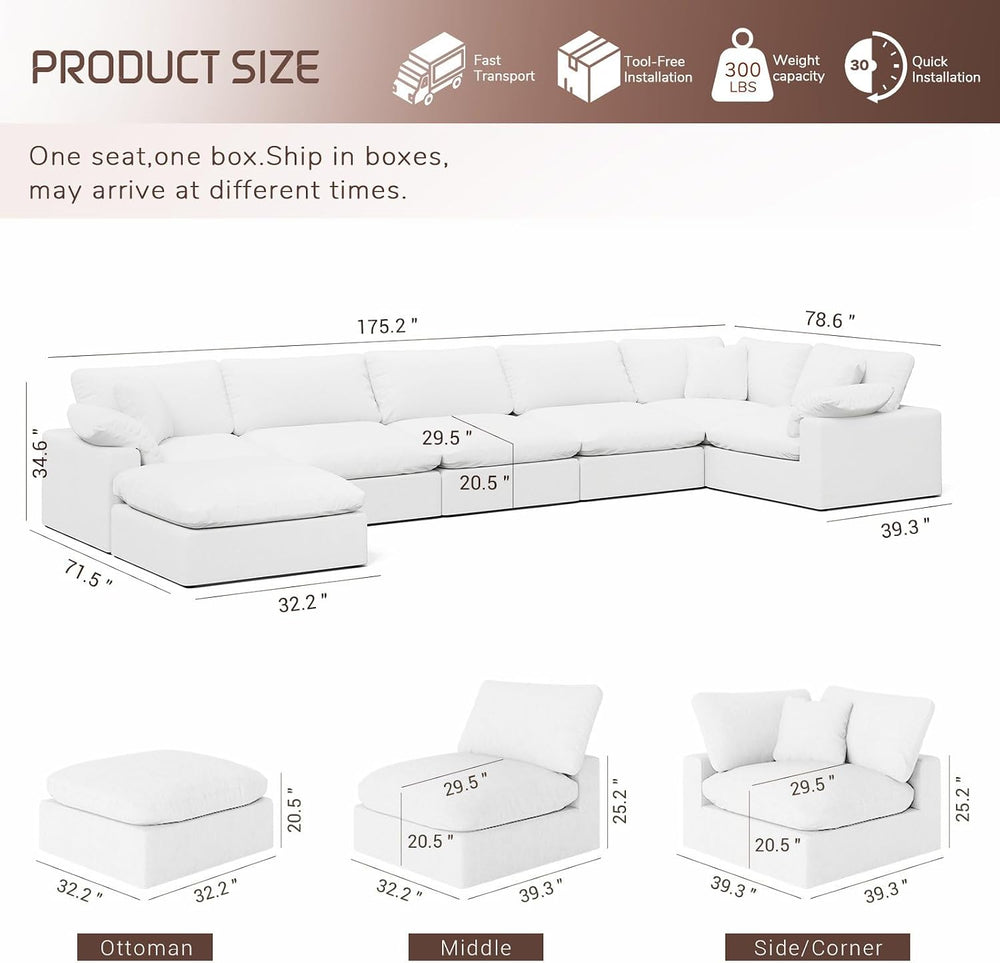 Cloud Modular Sectional Sofa,Oversize Down Filled Sofa 6 Seat with Chaise,Min...