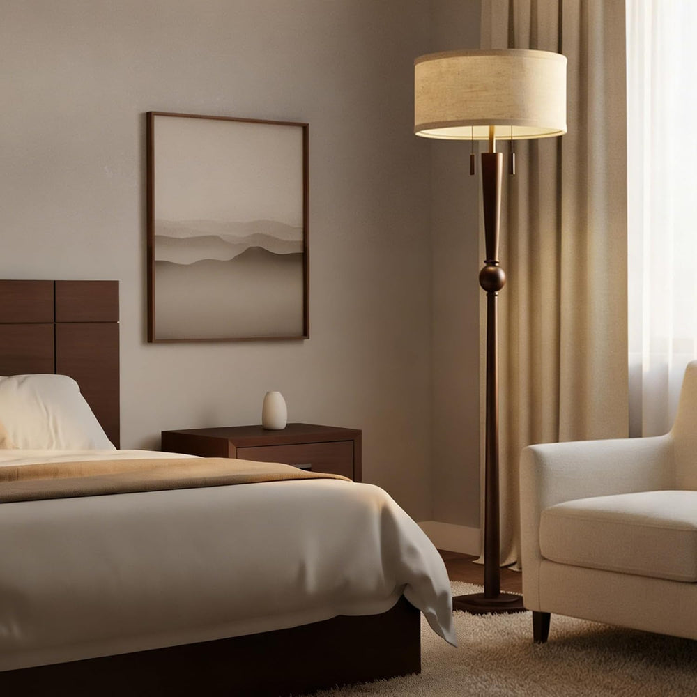 MOFFE Solid Wood Floor Lamp for Living Room with Wooden Pull Chains