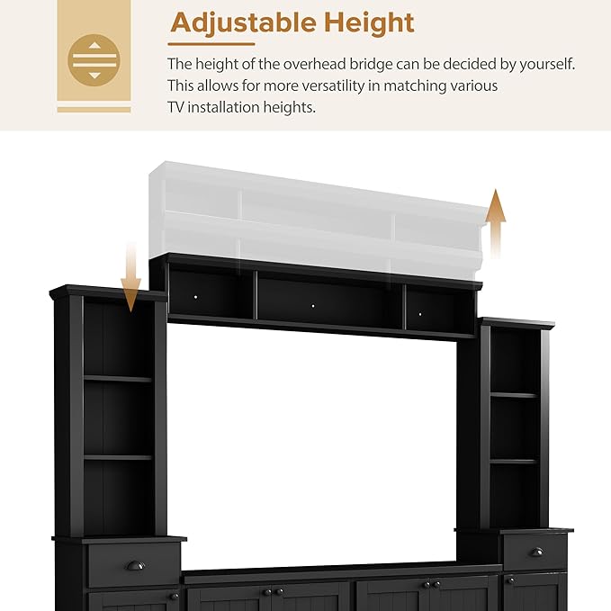 Merax Minimalist 103" Entertainment Wall Unit Set with Overhead Bridge for TVs Up to 75", Modern Large Media Console with Adjustable Shelves, Ample Storage Cabinets & Drawers for Living Room, Black
