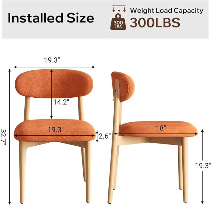 Wooden Dining Chair Set of 1, Modern Dining Chairs with with Curved Back, Fabric Upholstered Kitchen Dining Room Chairs with Adjustable Legs for Farmhouse Dining Living Room,Orange
