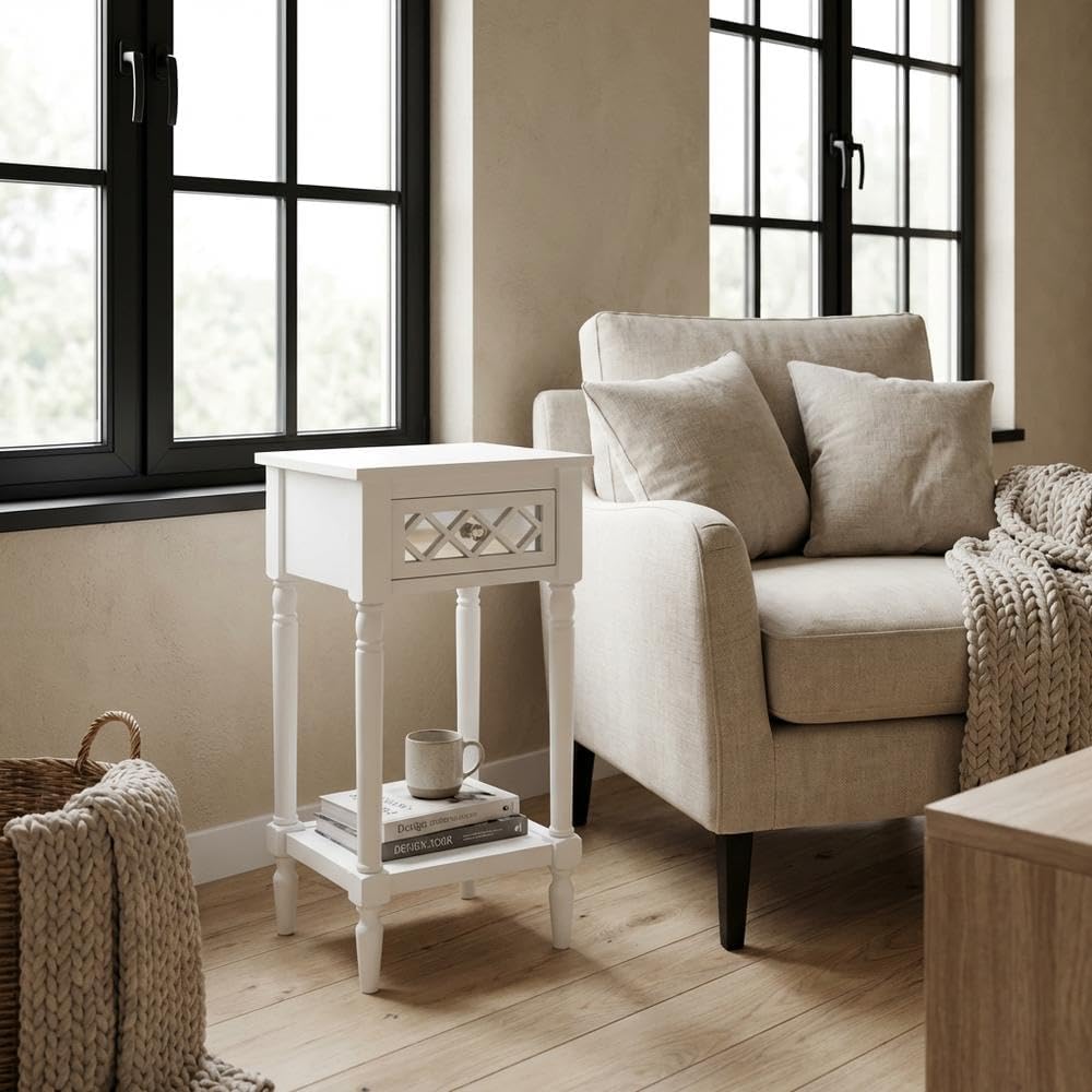 White 1 Drawer Accent Table with Shelf, Traditional Transitional Style, Durab...