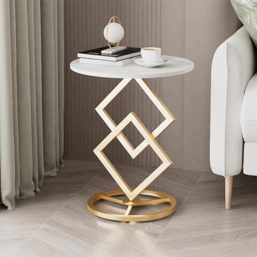 Boho Round Side Table Living Room, Luxurious Marble Desktop end Tables with S...