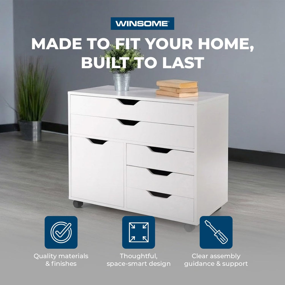 Winsome Halifax Mobile Storage Cabinet with 1 Door & 5 Drawers, White | S...