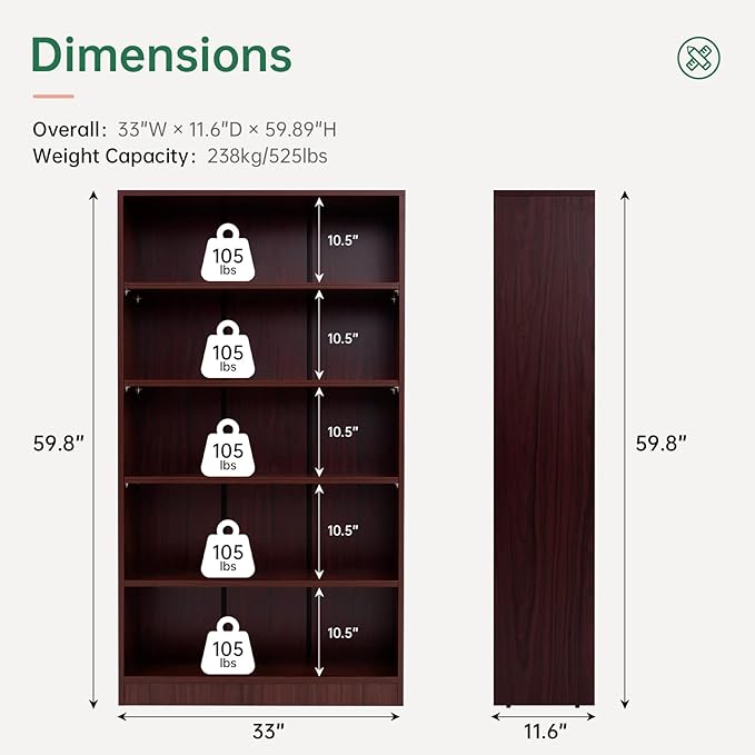 NicBex 59.8“ Heavy Dute Wood Bookcase with Adjustable Shelves, Modern Manga Bookshelf for Living Room, Office, Small Spaces, Manga and Book Shelves Storage, Tip-Over Resistant, 33" Wide Cherry