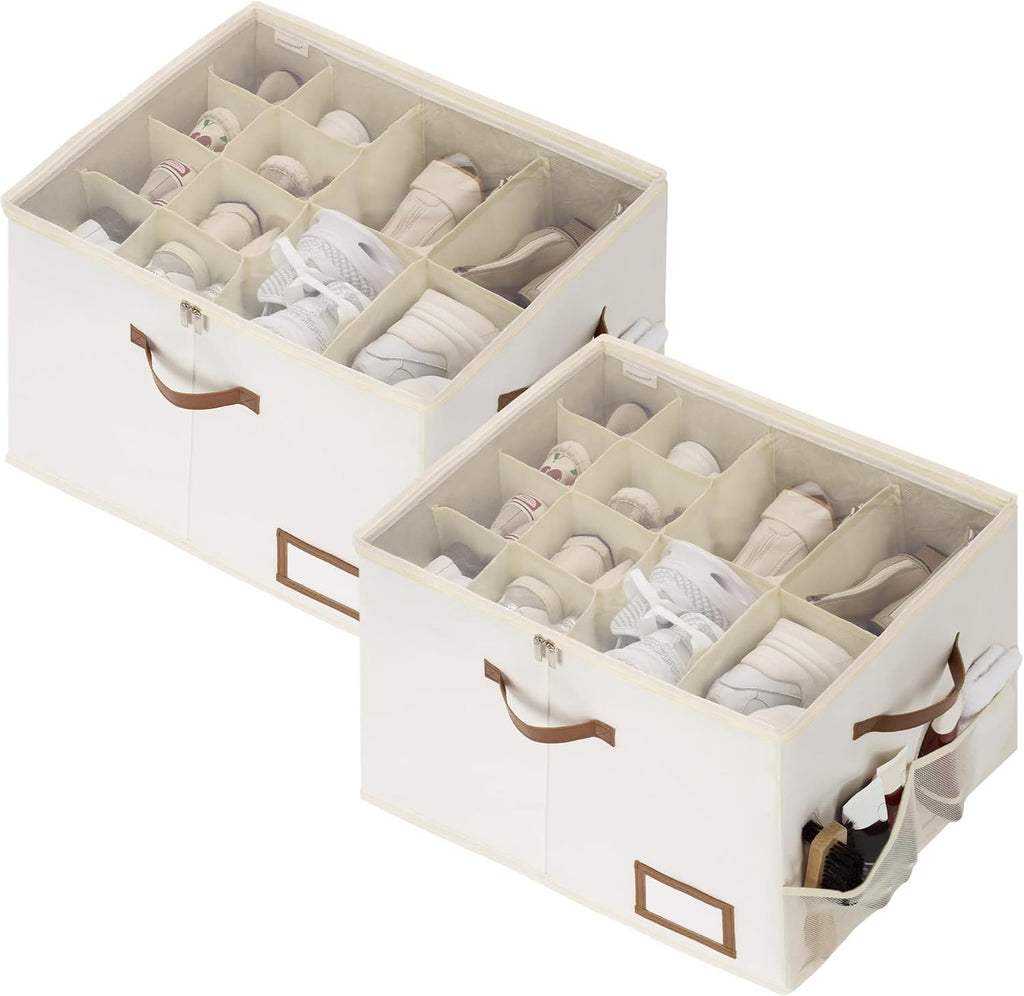 StorageWorks 2-Pack Shoe Storage Box for Closet, Sandal Organizer, Beige | Up to 32 Pairs, 12 Shoe Slots Each, Fixed Compartments, Clear Lid, Label Window, Side Mesh Pocket, Fits Flats & Low-Tops