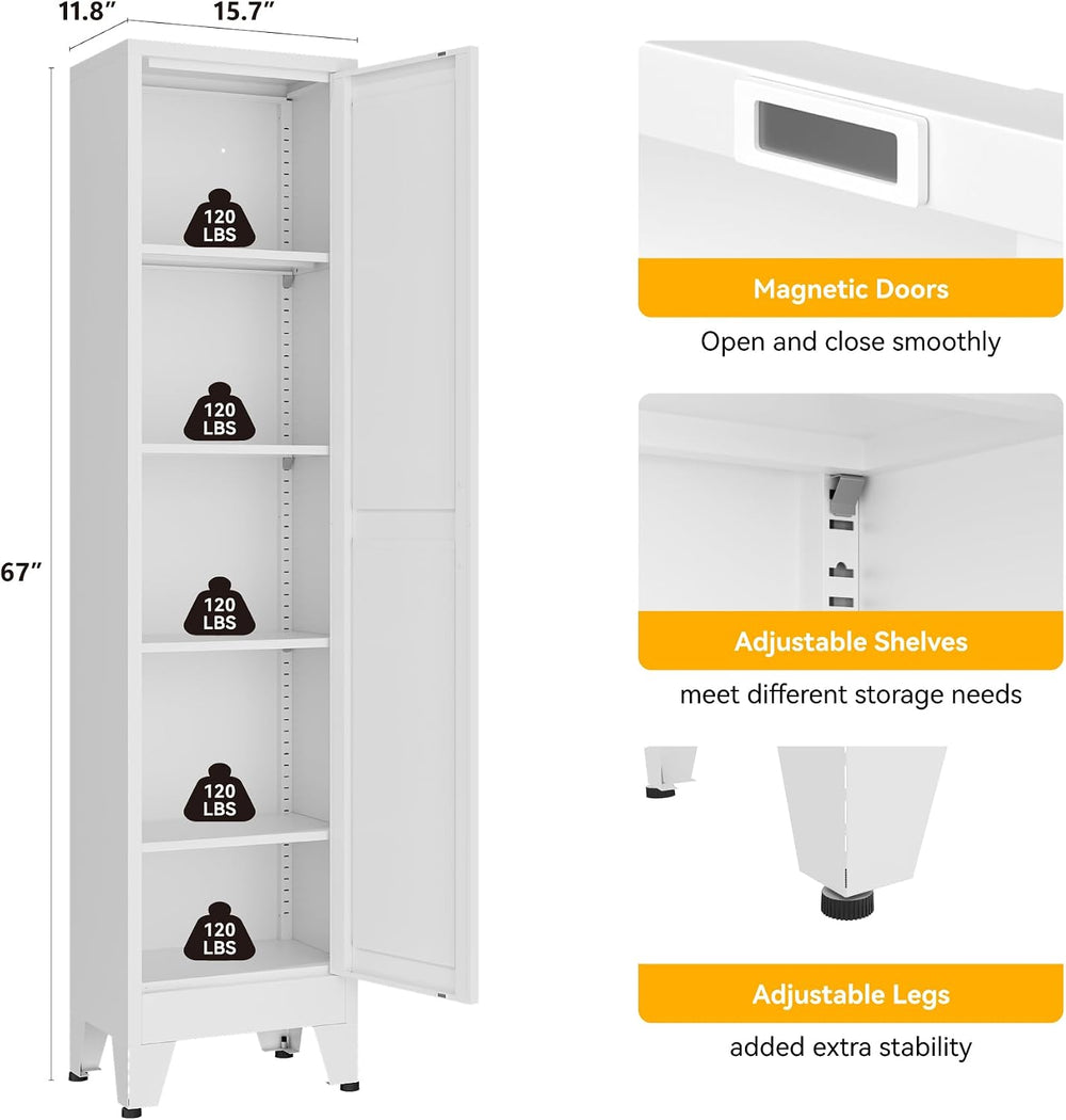 YAUWOH White Narrow Metal Storage Cabinet, Tall Freestanding Cabinet with 4 A...