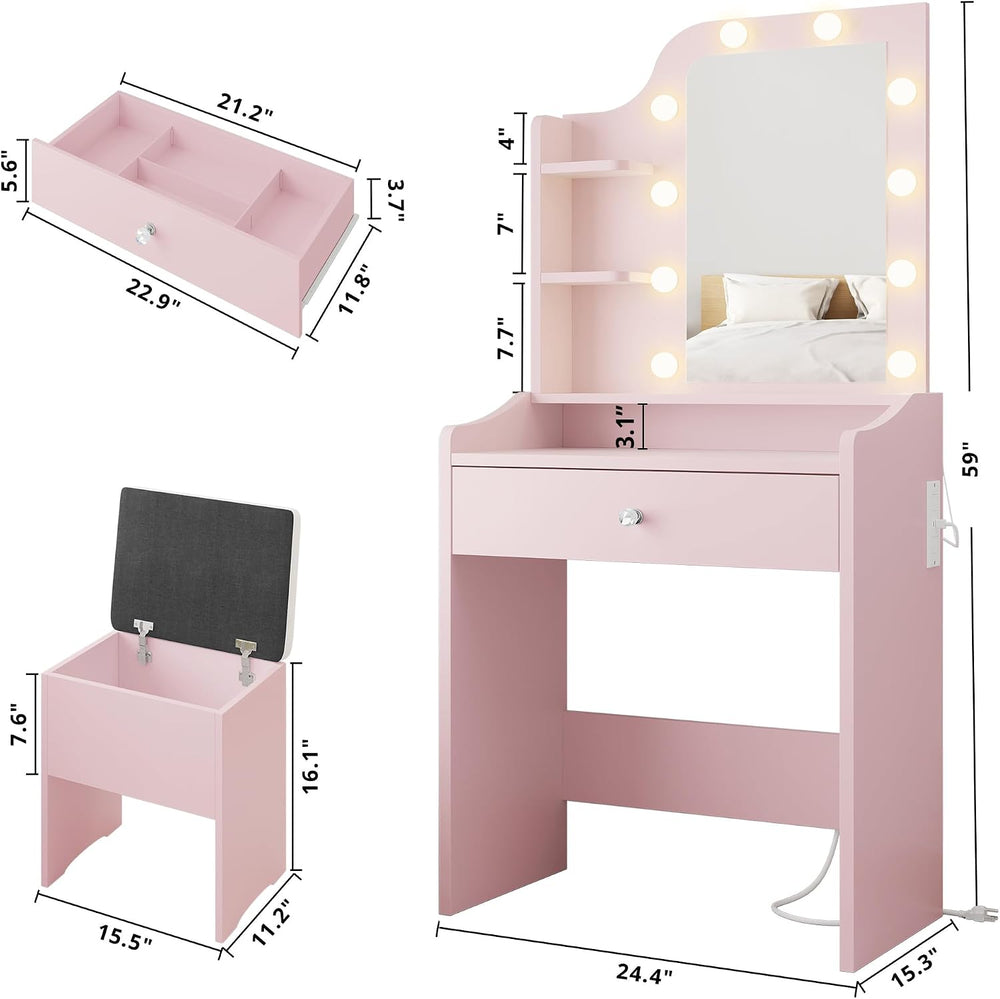 LIKIMIO Small Vanity Desk with Mirror Lights and Storage Stool, Pink | Vanity...